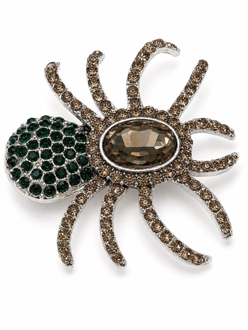 Champagne Jeweled Spider Brooch Emerald Green Smoky Rhinestone Statement Pin